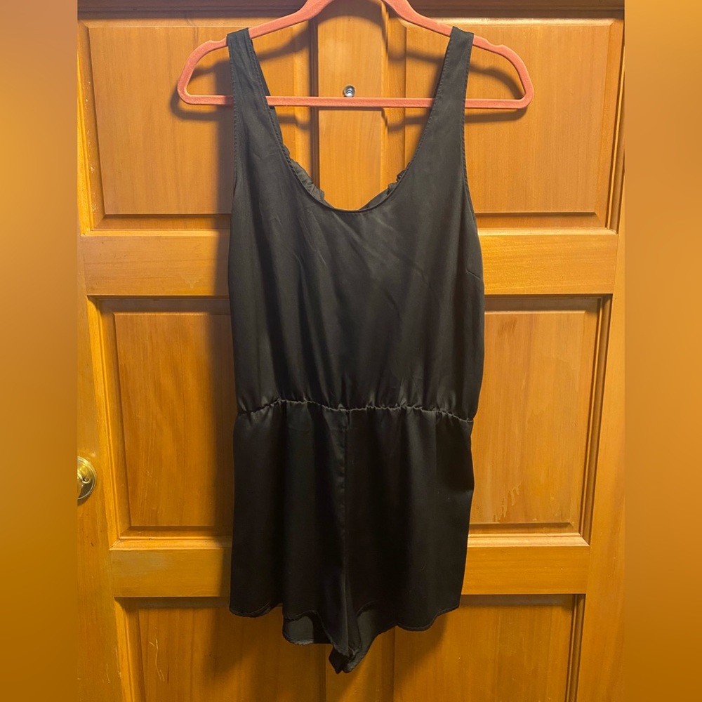 Victoria Secret black satin tie back romper sleepwear size Lg